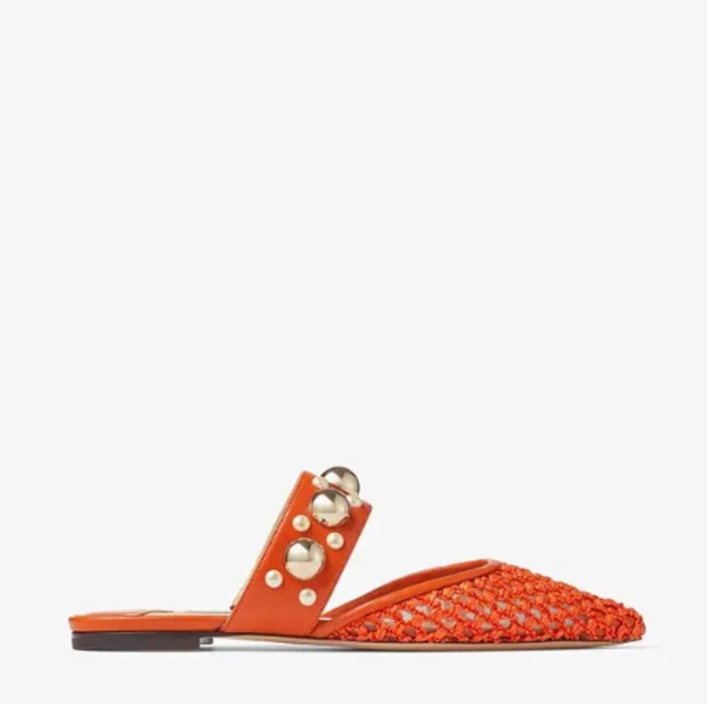 JIMMY CHOO Basette Amber Orange Raffia Net Flats with Pearls and Studs (Size 38)